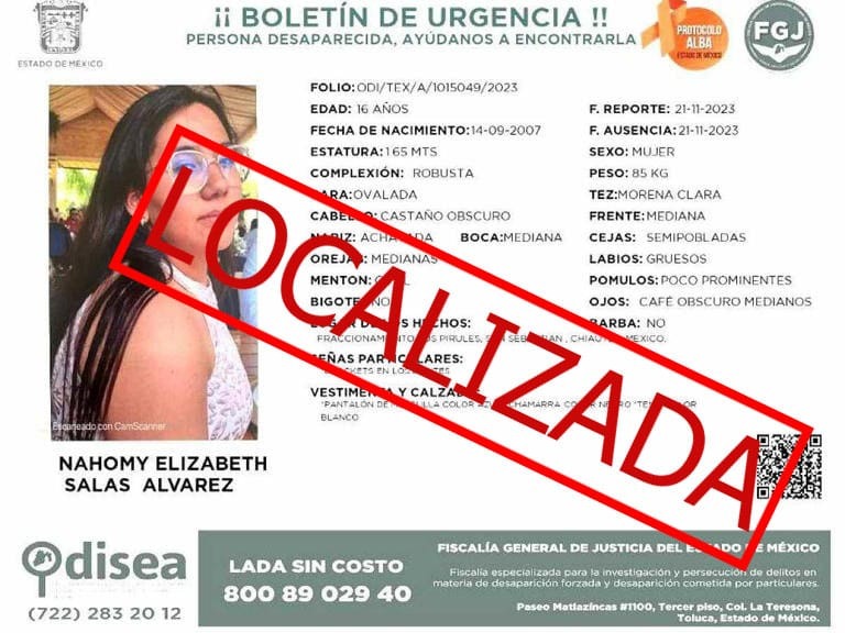 LOCALIZAN A MENOR REPORTADA COMO DESAPARECIDA EN ESTADO DE MÉXICO
